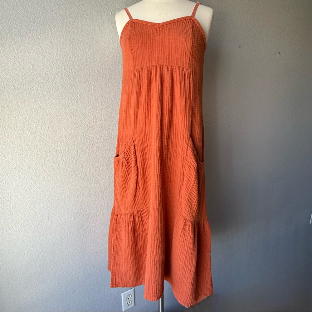 Sweet Rain Orange Rust Gauze Summer Tiered Sleeveless Maxi Dress with Pockets